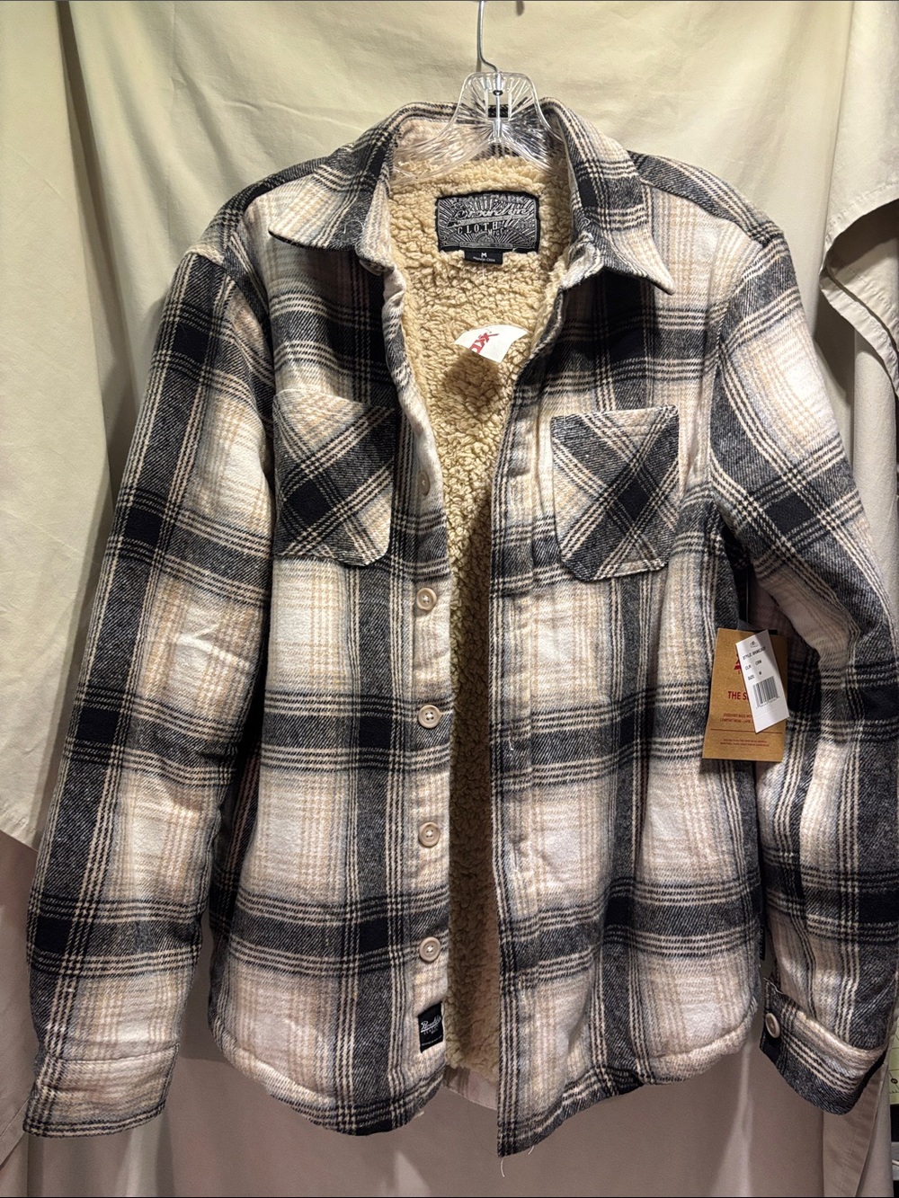 Brooklyn Cloth Cream & Black Plaid Sherpa-Lined Jacket Medium